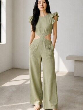 Cutout Wide-Leg Jumpsuit in Olive Green